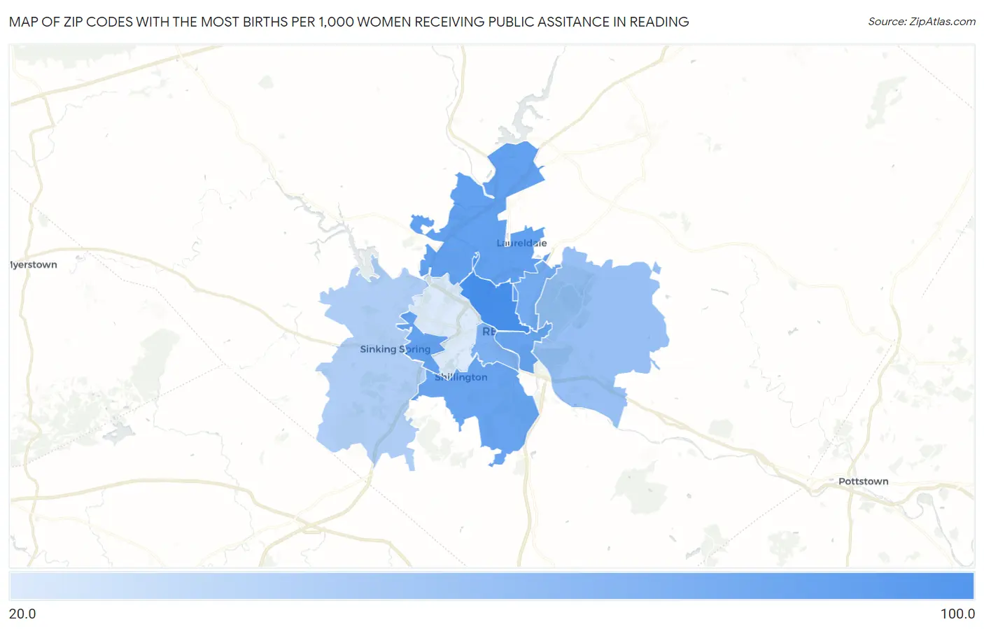 Zip Codes with the Most Births per 1,000 Women Receiving Public Assitance in Reading Map