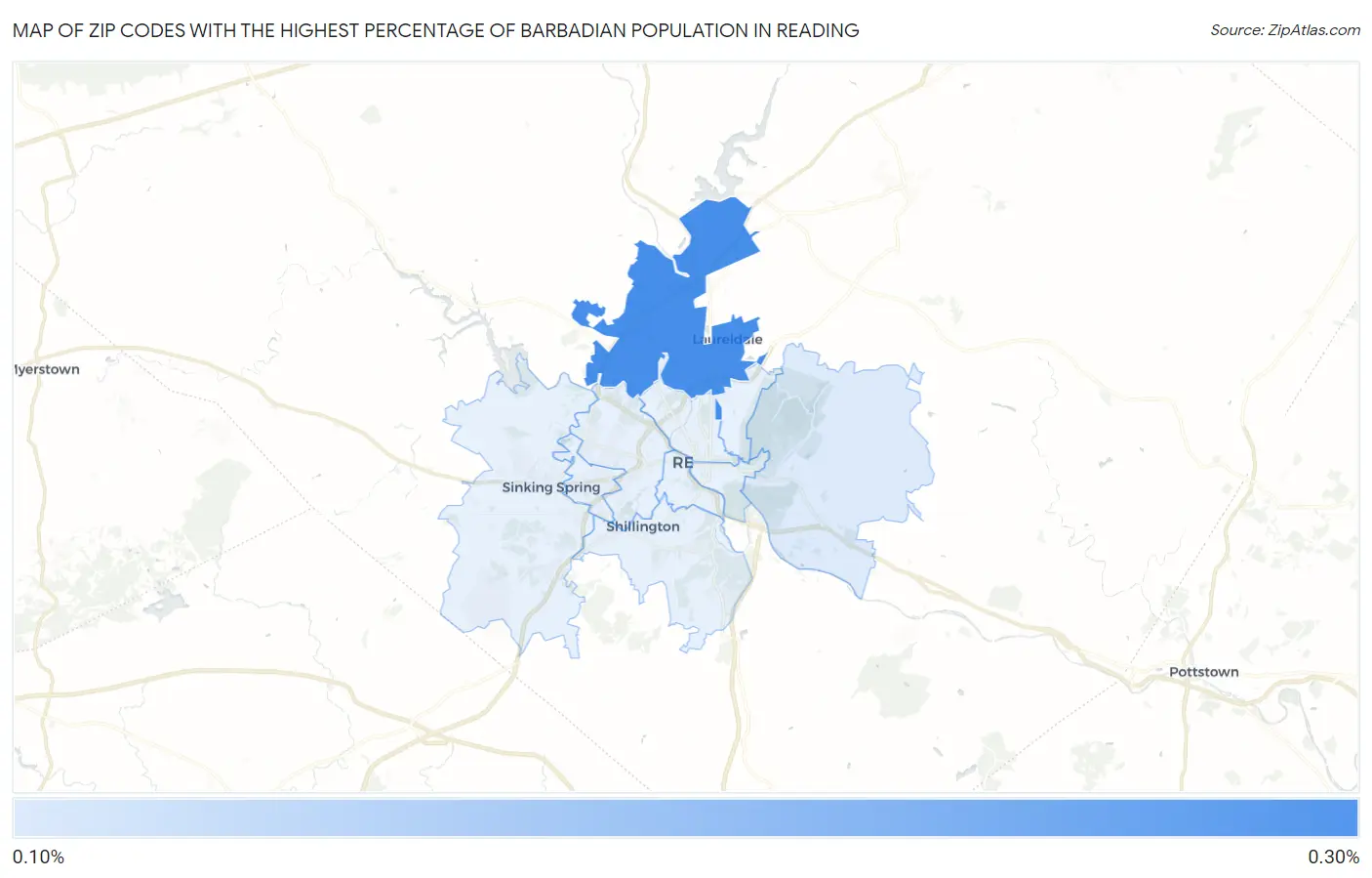 Zip Codes with the Highest Percentage of Barbadian Population in Reading Map