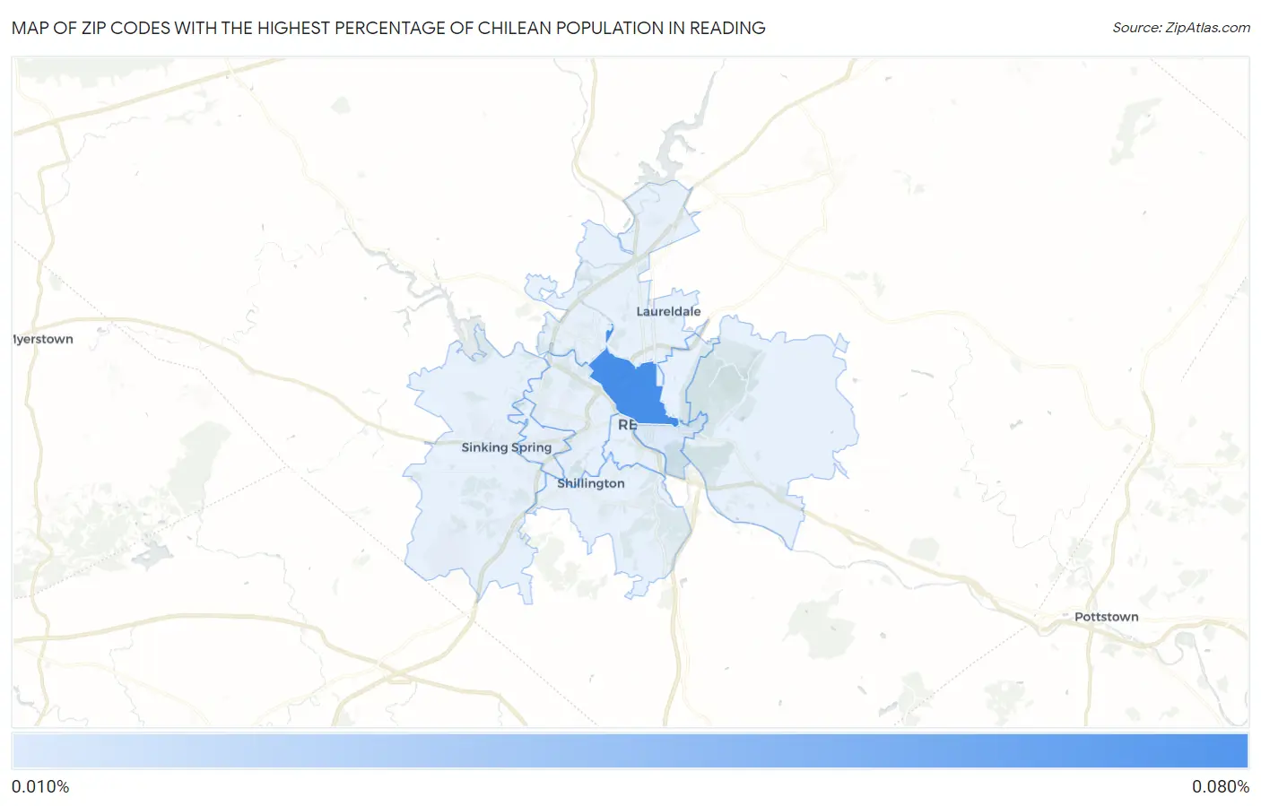 Zip Codes with the Highest Percentage of Chilean Population in Reading Map