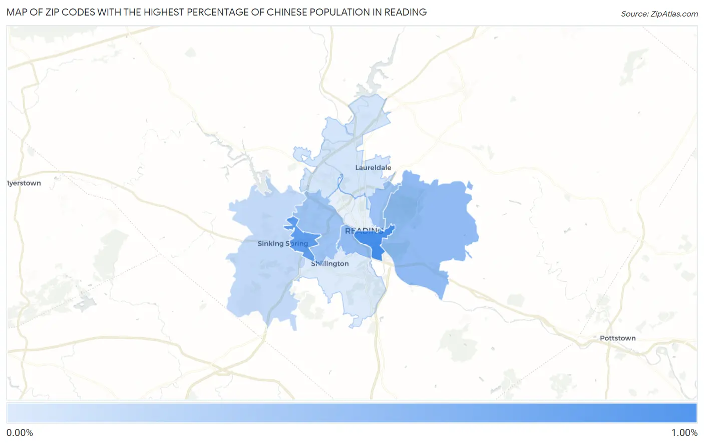 Zip Codes with the Highest Percentage of Chinese Population in Reading Map
