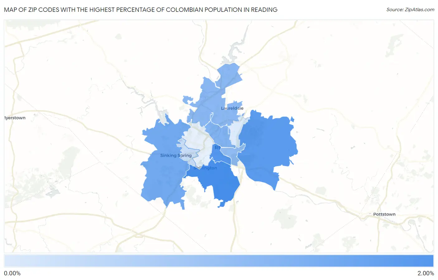 Zip Codes with the Highest Percentage of Colombian Population in Reading Map