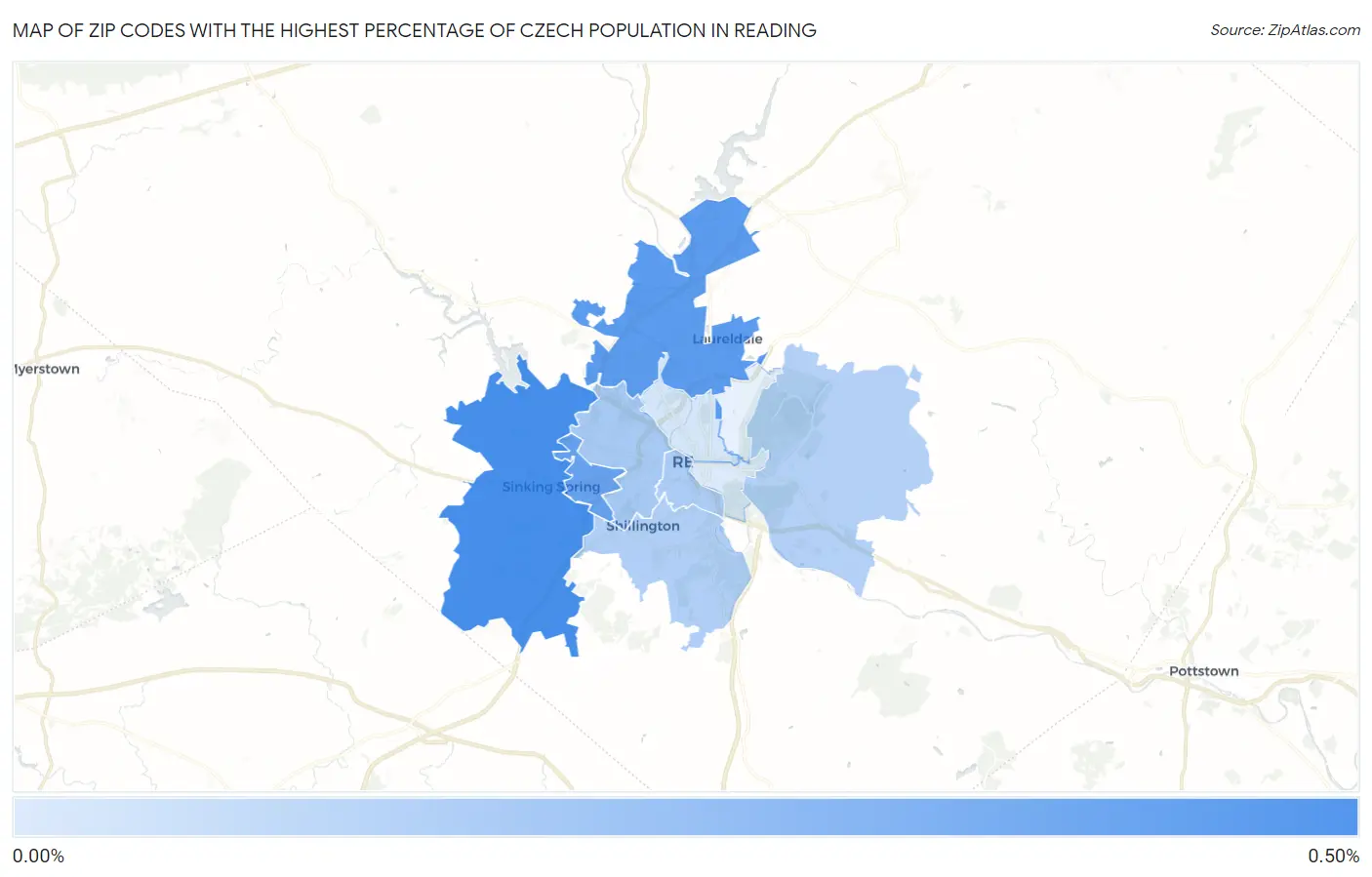 Zip Codes with the Highest Percentage of Czech Population in Reading Map