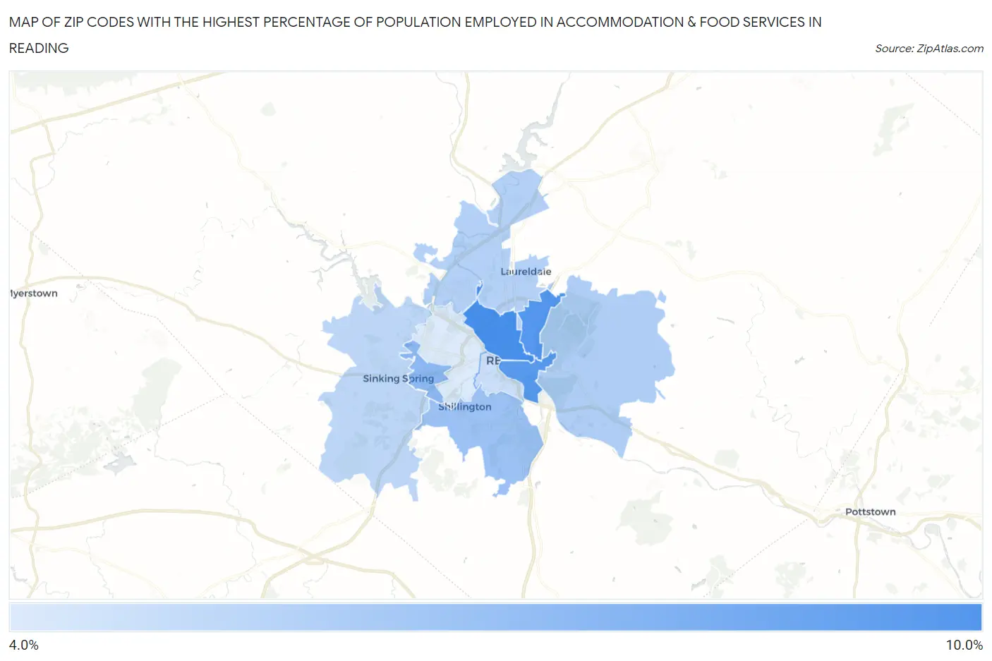 Zip Codes with the Highest Percentage of Population Employed in Accommodation & Food Services in Reading Map