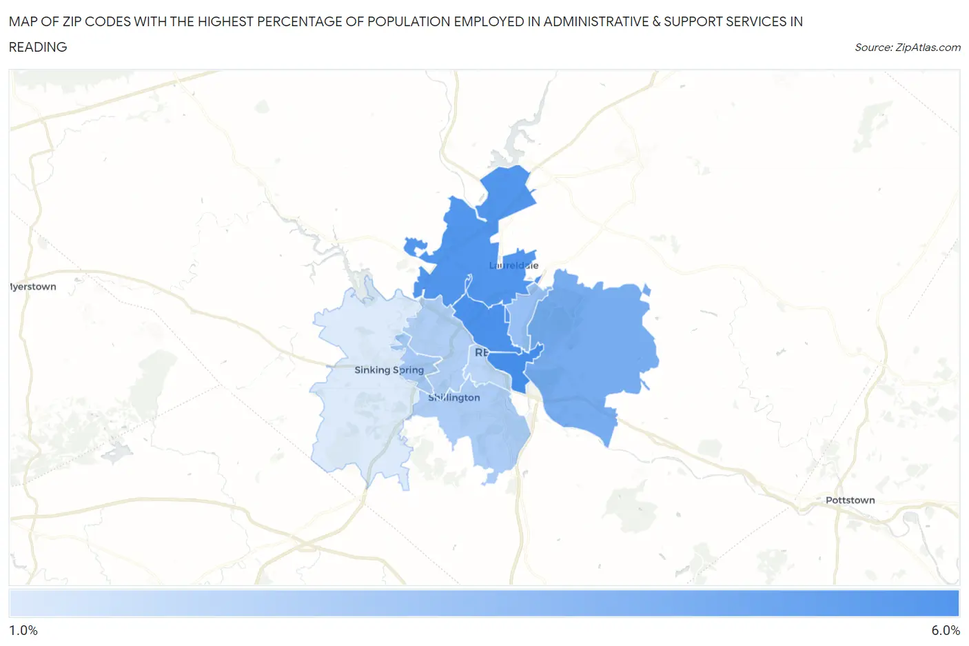 Zip Codes with the Highest Percentage of Population Employed in Administrative & Support Services in Reading Map
