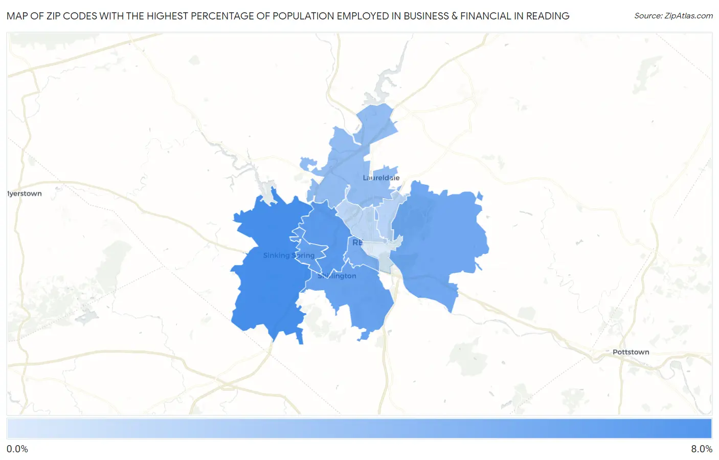 Zip Codes with the Highest Percentage of Population Employed in Business & Financial in Reading Map