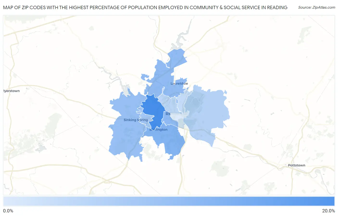 Zip Codes with the Highest Percentage of Population Employed in Community & Social Service  in Reading Map