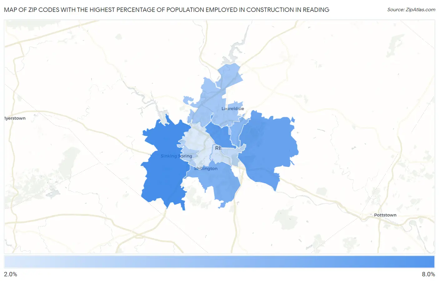 Zip Codes with the Highest Percentage of Population Employed in Construction in Reading Map