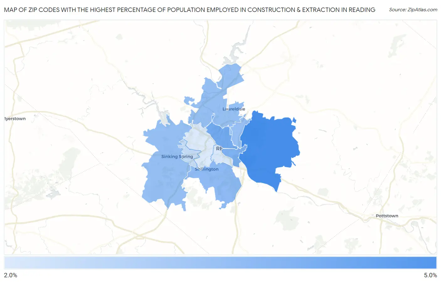Zip Codes with the Highest Percentage of Population Employed in Construction & Extraction in Reading Map