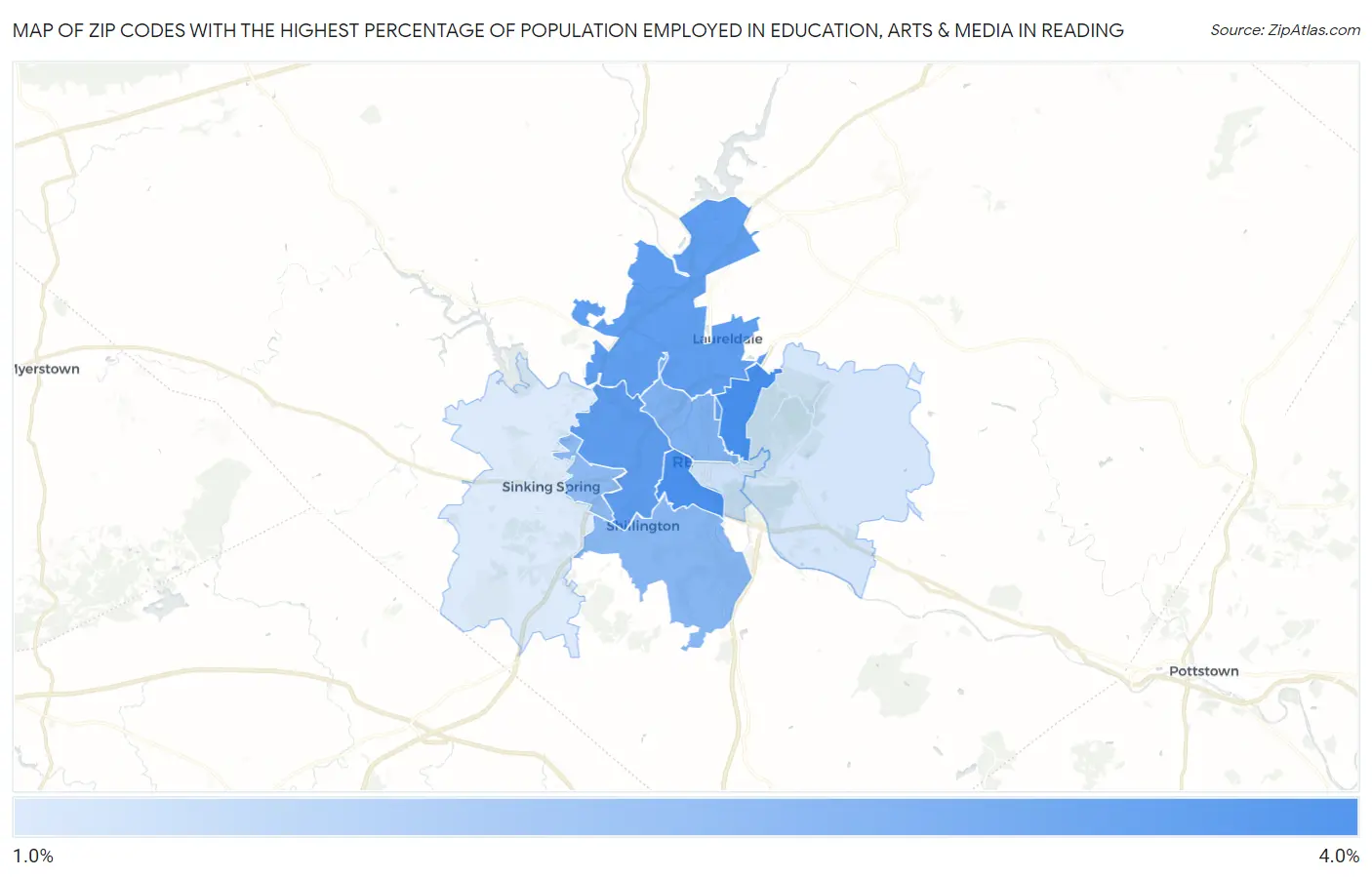 Zip Codes with the Highest Percentage of Population Employed in Education, Arts & Media in Reading Map