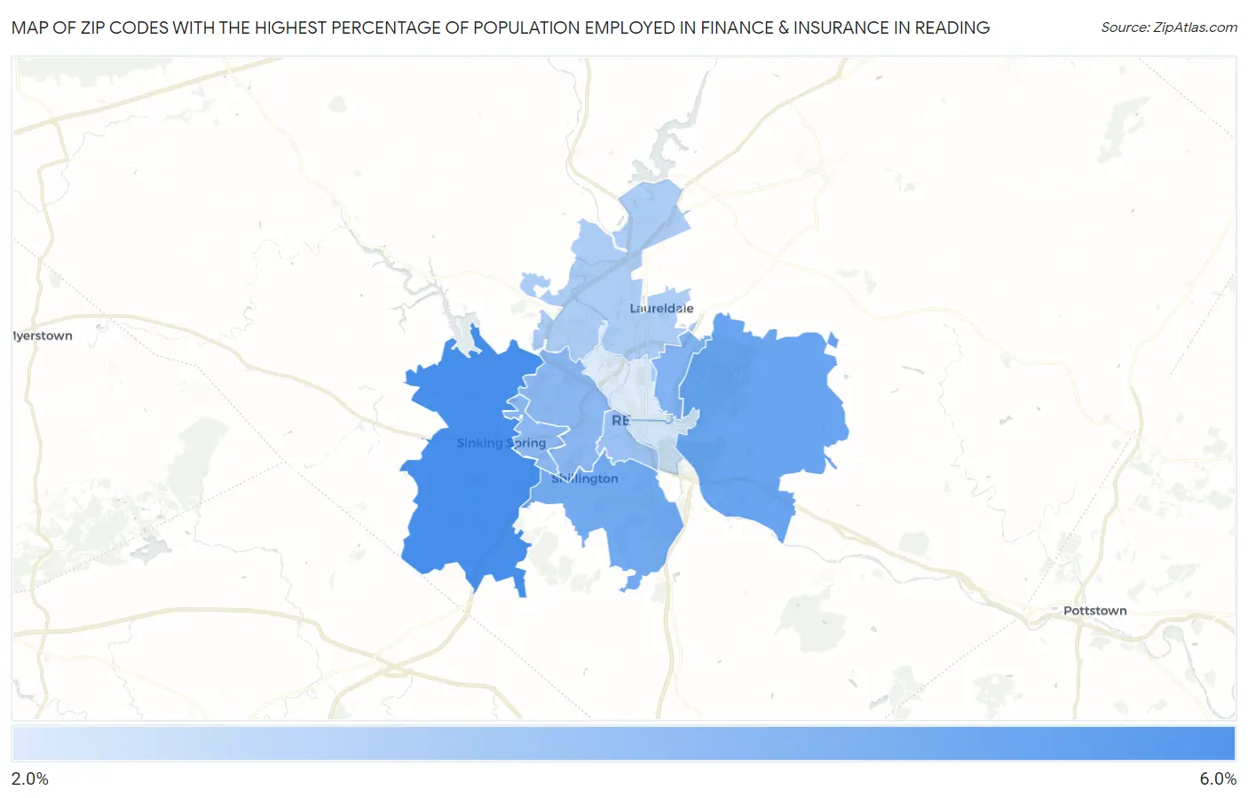 Zip Codes with the Highest Percentage of Population Employed in Finance & Insurance in Reading Map