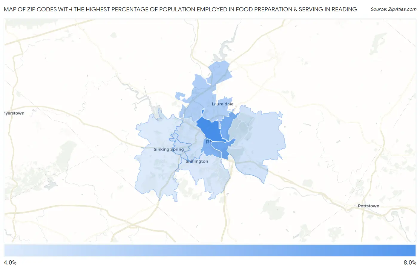 Zip Codes with the Highest Percentage of Population Employed in Food Preparation & Serving in Reading Map