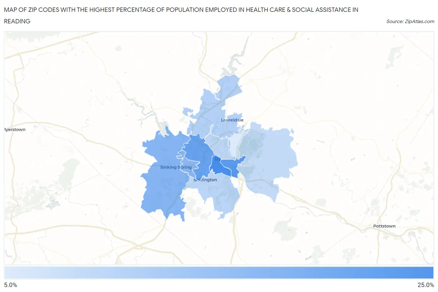 Zip Codes with the Highest Percentage of Population Employed in Health Care & Social Assistance in Reading Map