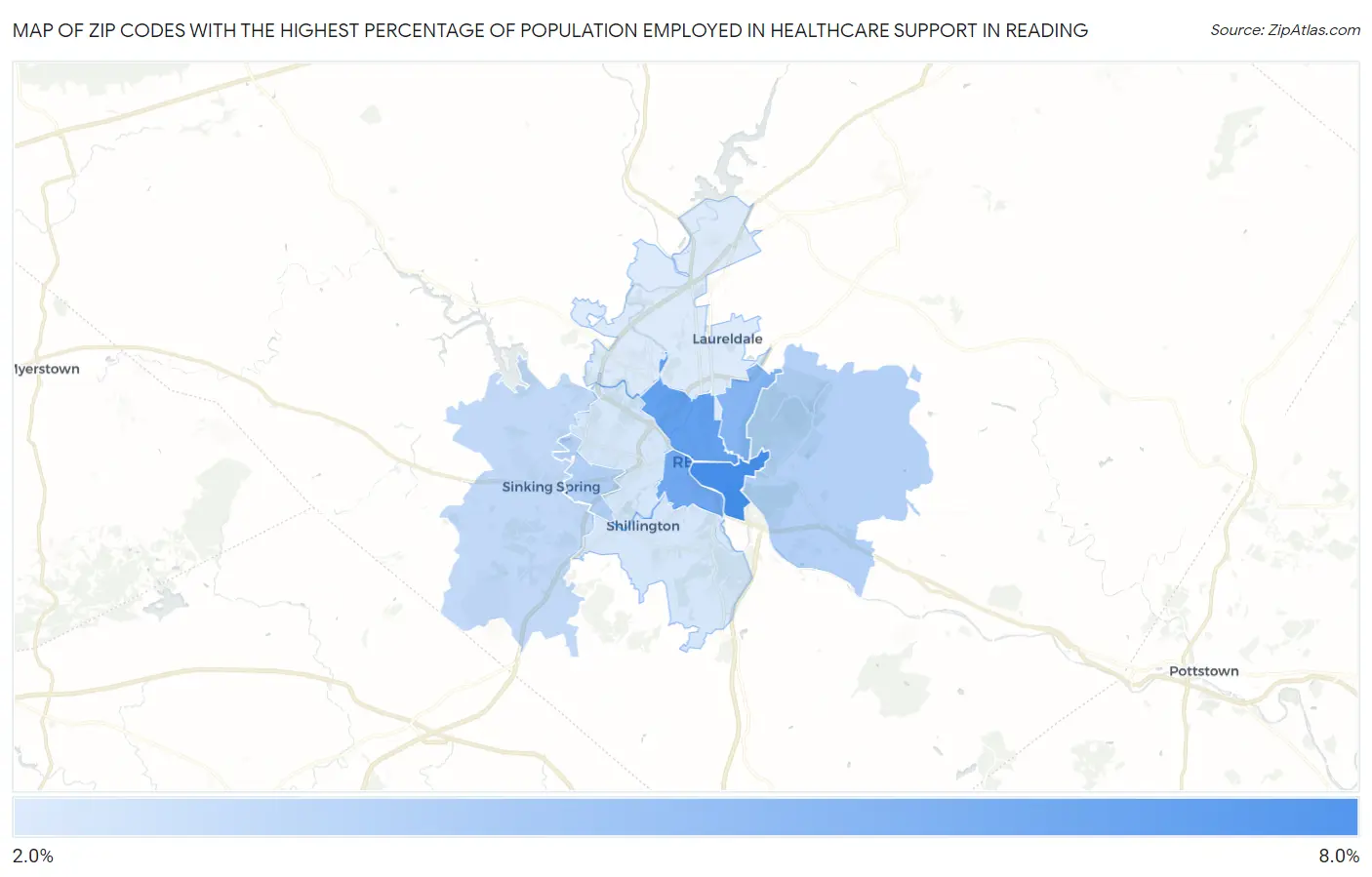 Zip Codes with the Highest Percentage of Population Employed in Healthcare Support in Reading Map