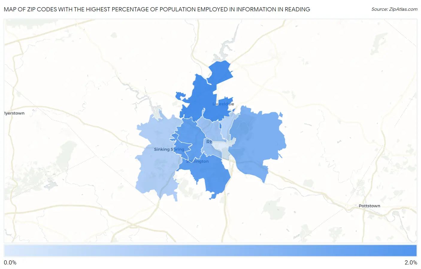 Zip Codes with the Highest Percentage of Population Employed in Information in Reading Map