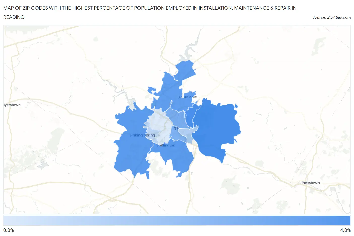 Zip Codes with the Highest Percentage of Population Employed in Installation, Maintenance & Repair in Reading Map