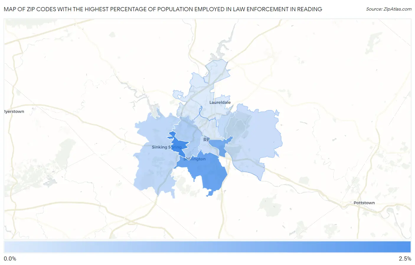 Zip Codes with the Highest Percentage of Population Employed in Law Enforcement in Reading Map