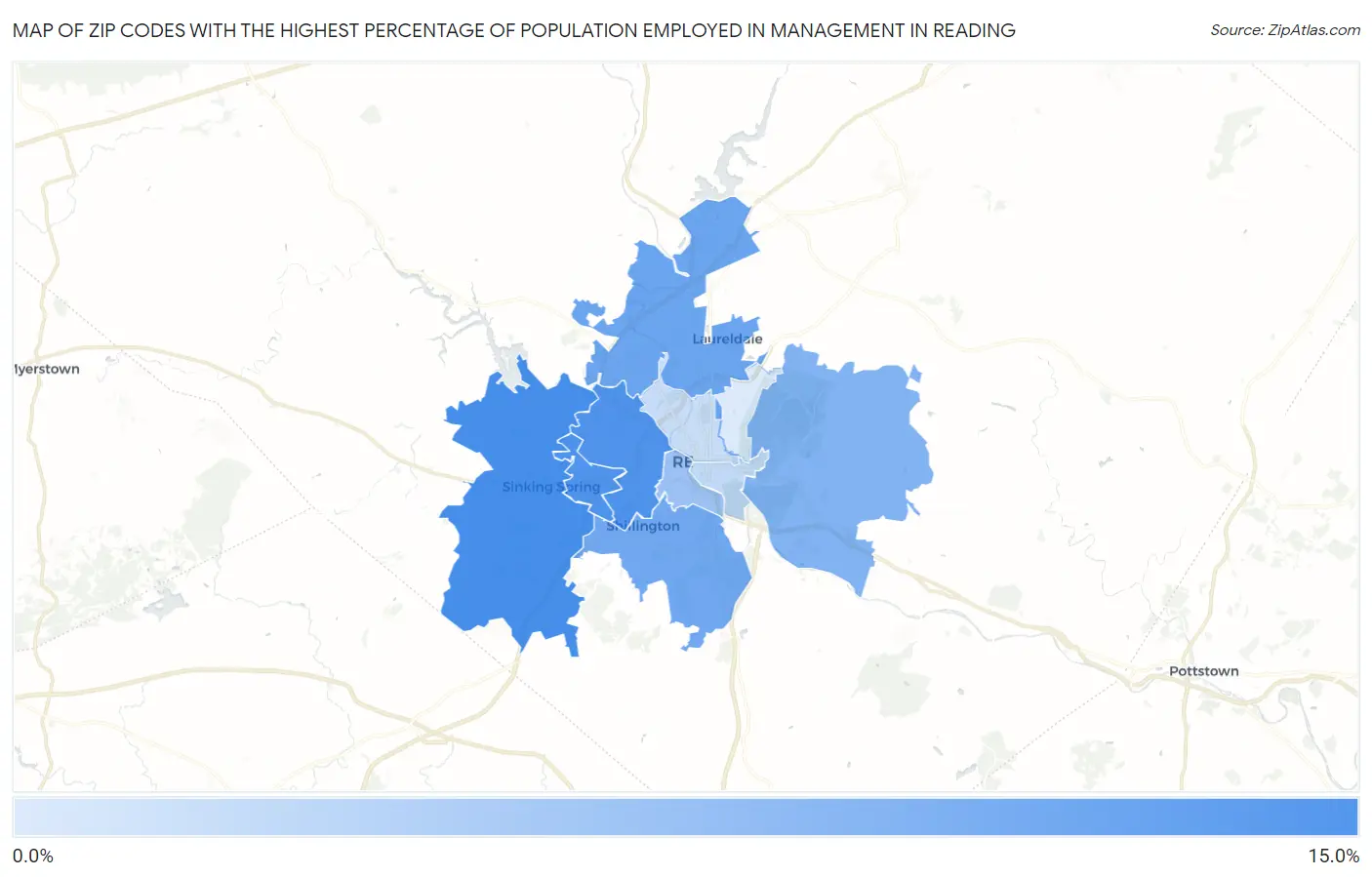 Zip Codes with the Highest Percentage of Population Employed in Management in Reading Map