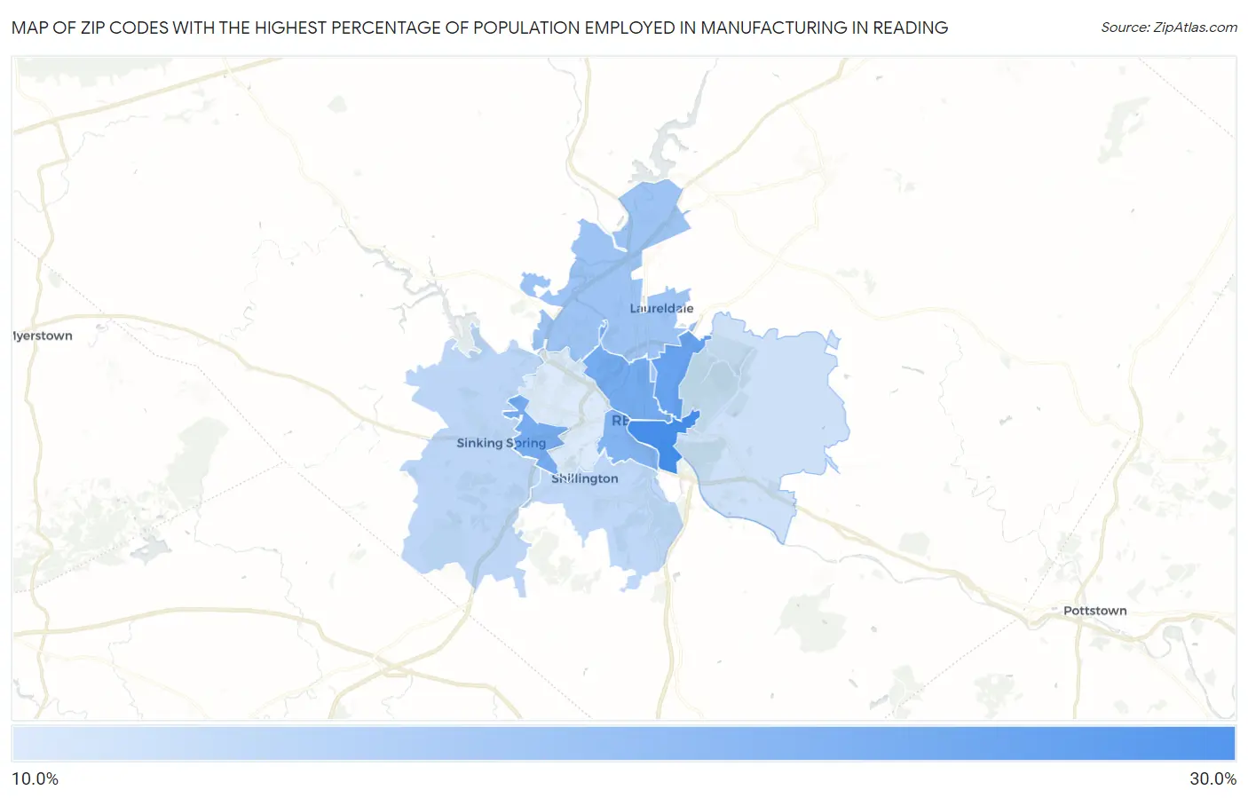 Zip Codes with the Highest Percentage of Population Employed in Manufacturing in Reading Map