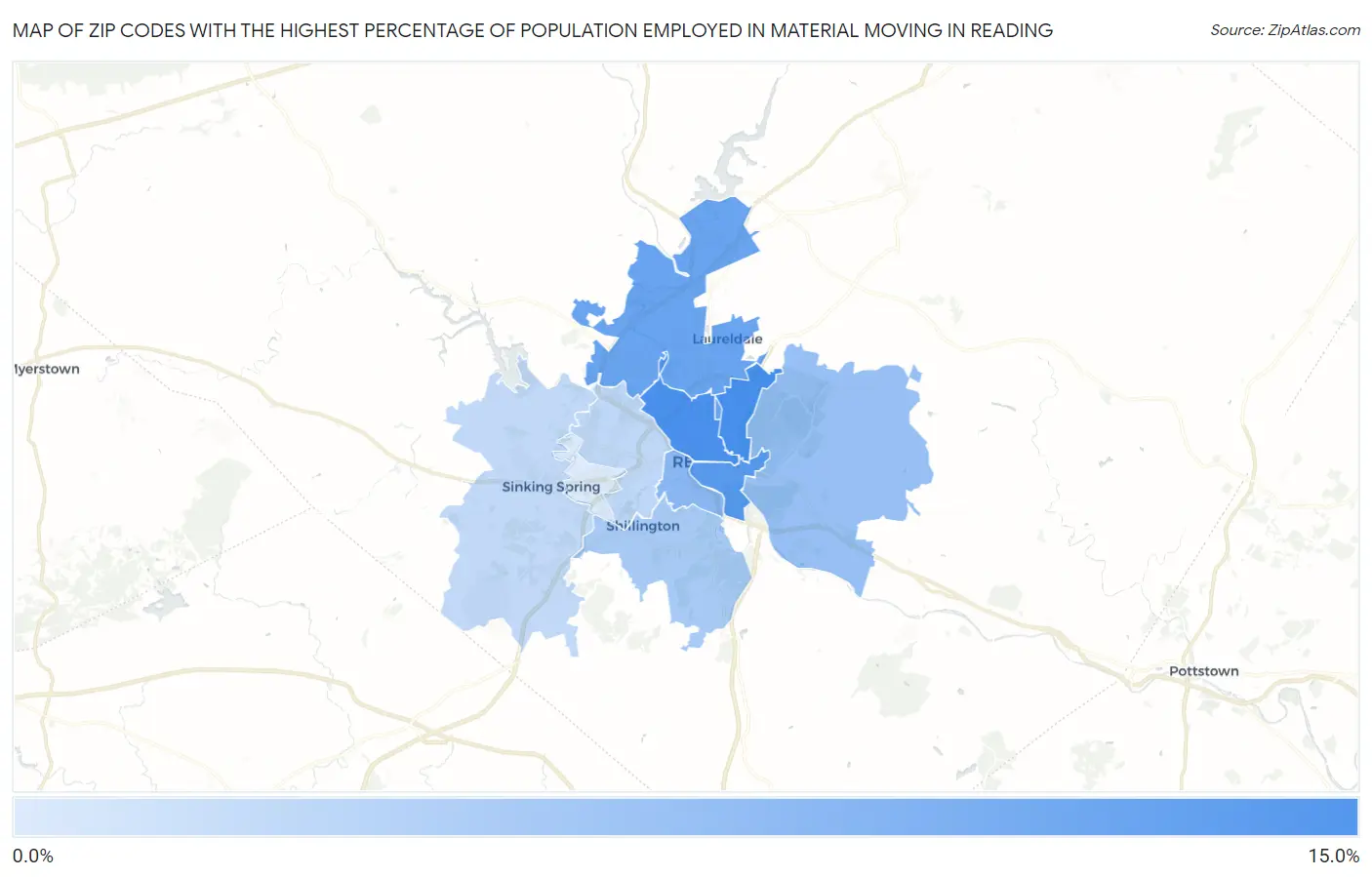 Zip Codes with the Highest Percentage of Population Employed in Material Moving in Reading Map