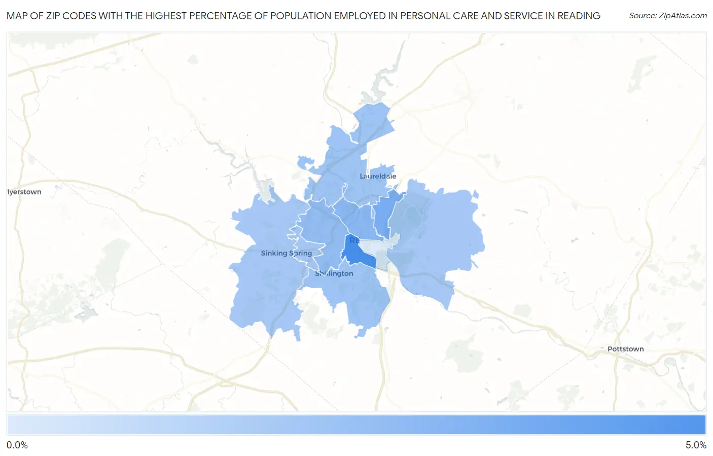 Zip Codes with the Highest Percentage of Population Employed in Personal Care and Service in Reading Map