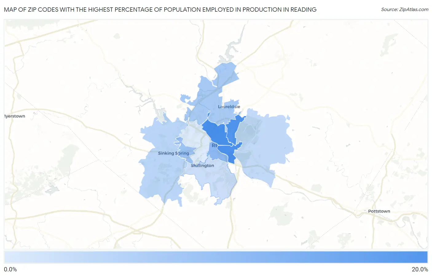 Zip Codes with the Highest Percentage of Population Employed in Production in Reading Map