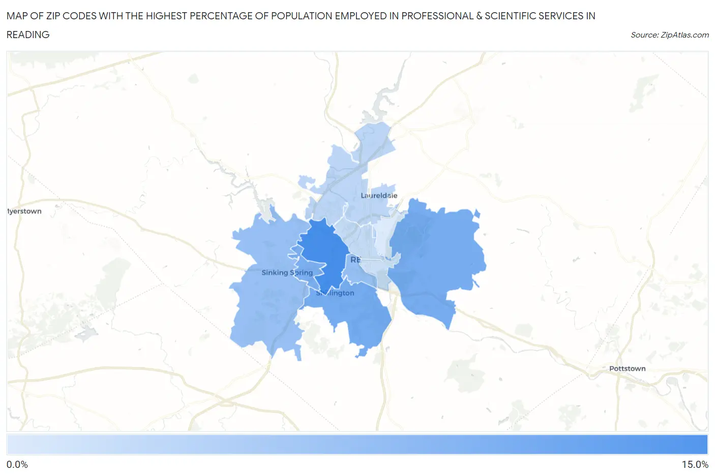 Zip Codes with the Highest Percentage of Population Employed in Professional & Scientific Services in Reading Map