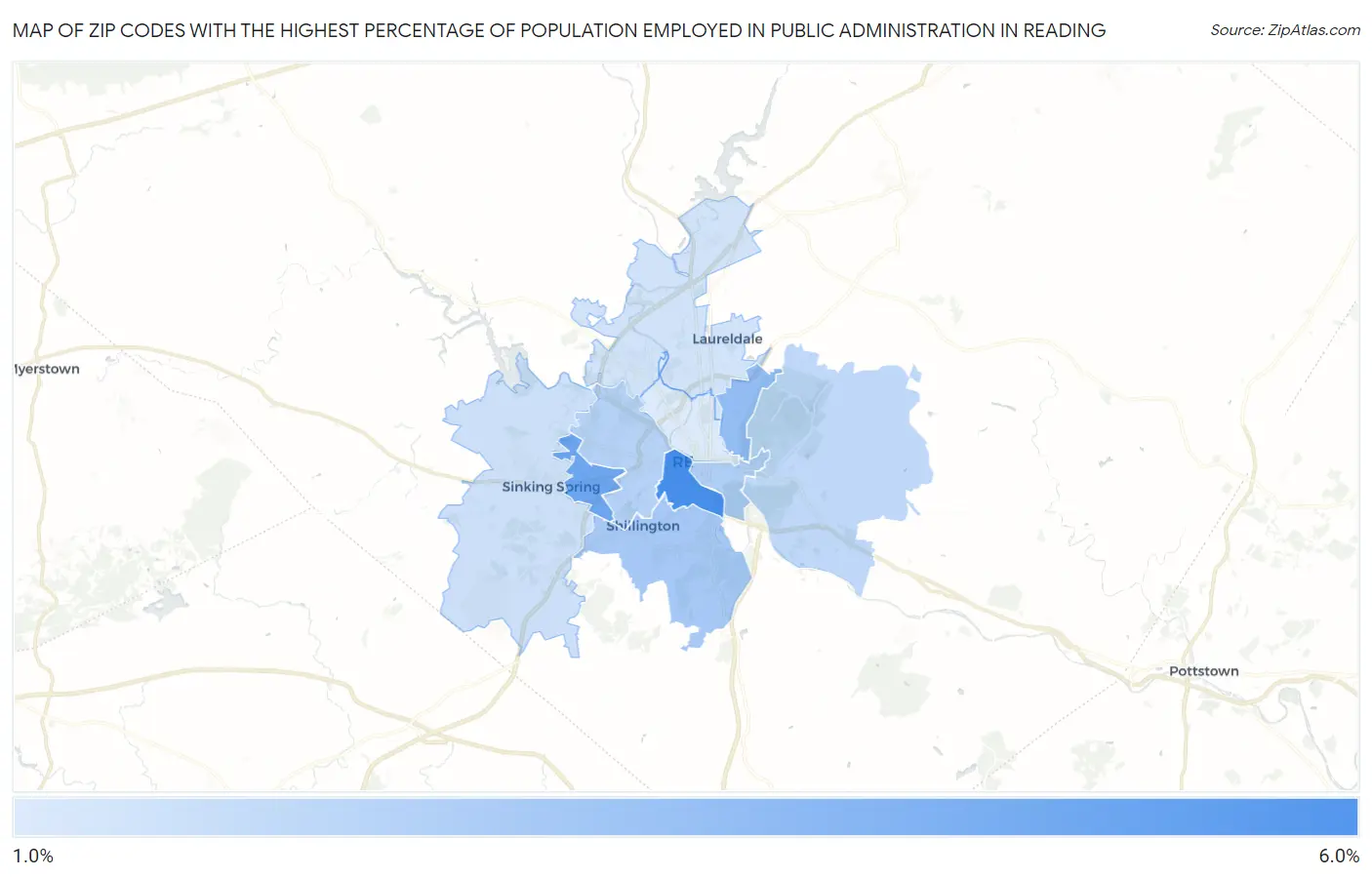 Zip Codes with the Highest Percentage of Population Employed in Public Administration in Reading Map