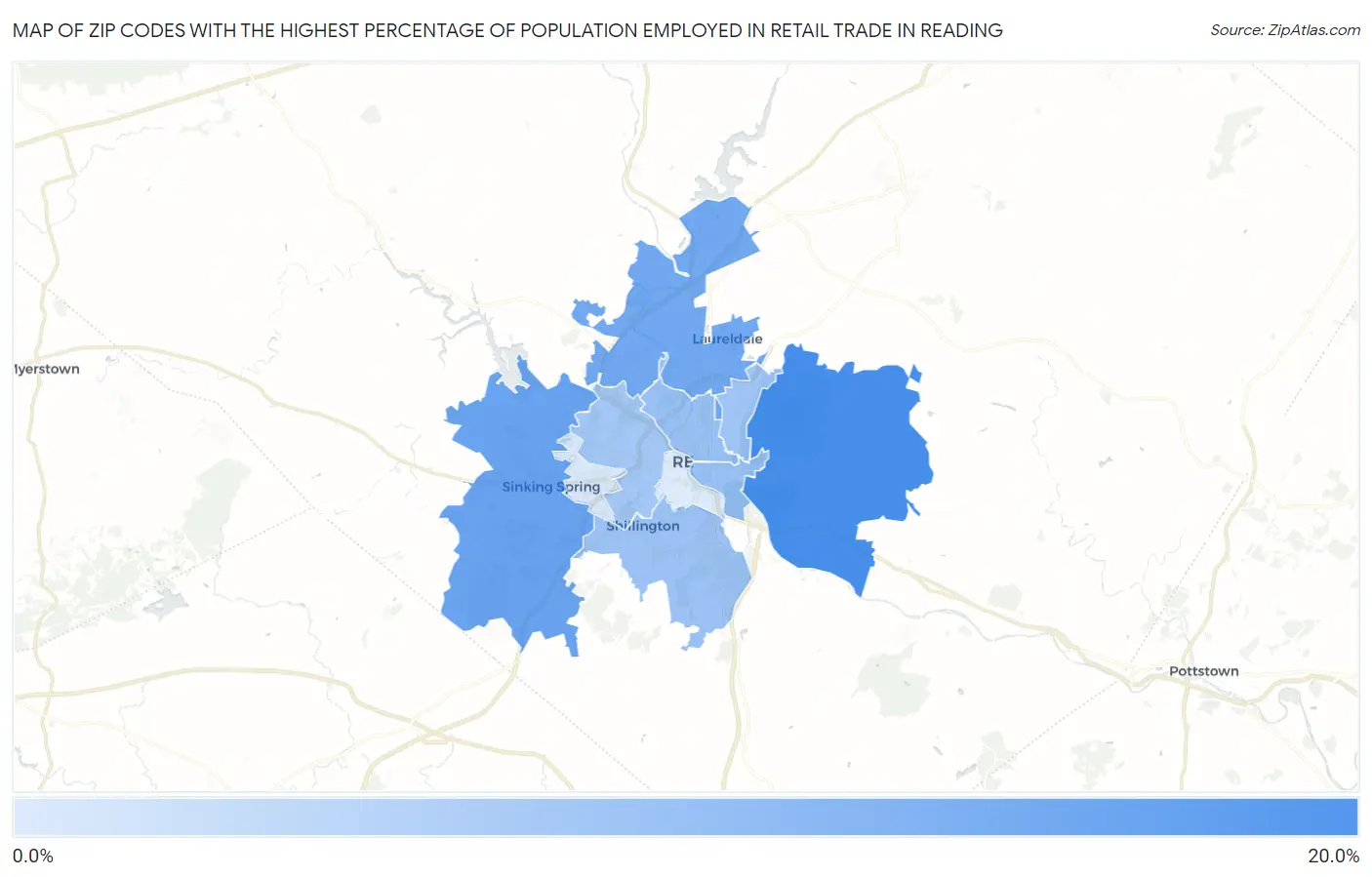 Zip Codes with the Highest Percentage of Population Employed in Retail Trade in Reading Map