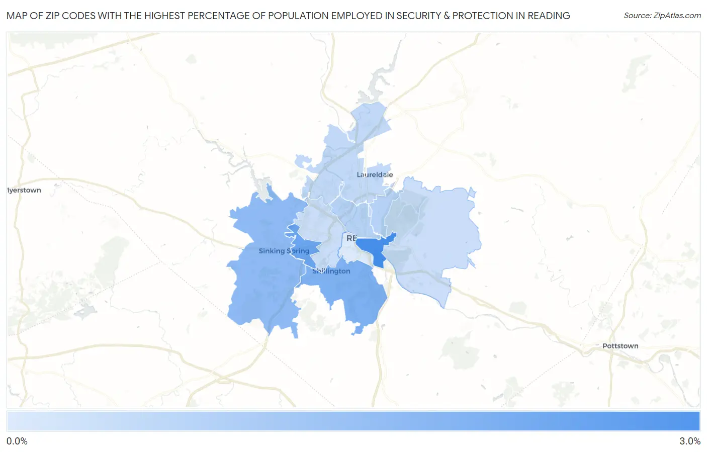 Zip Codes with the Highest Percentage of Population Employed in Security & Protection in Reading Map