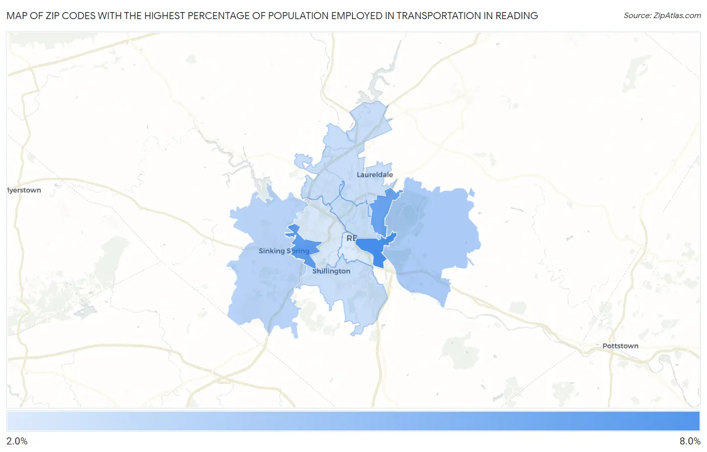 Zip Codes with the Highest Percentage of Population Employed in Transportation in Reading Map