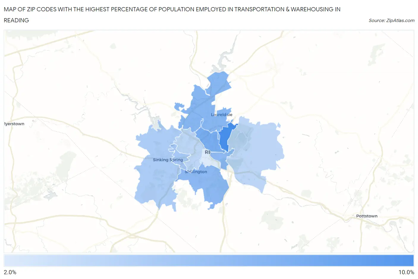 Zip Codes with the Highest Percentage of Population Employed in Transportation & Warehousing in Reading Map