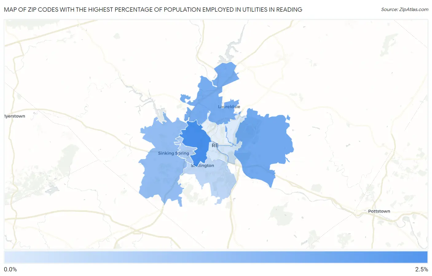 Zip Codes with the Highest Percentage of Population Employed in Utilities in Reading Map