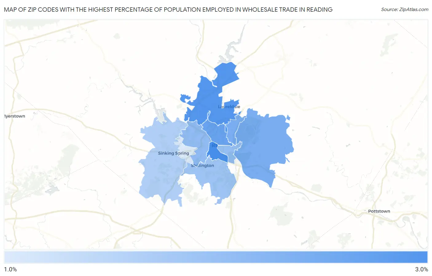 Zip Codes with the Highest Percentage of Population Employed in Wholesale Trade in Reading Map