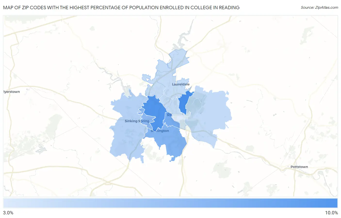 Zip Codes with the Highest Percentage of Population Enrolled in College in Reading Map