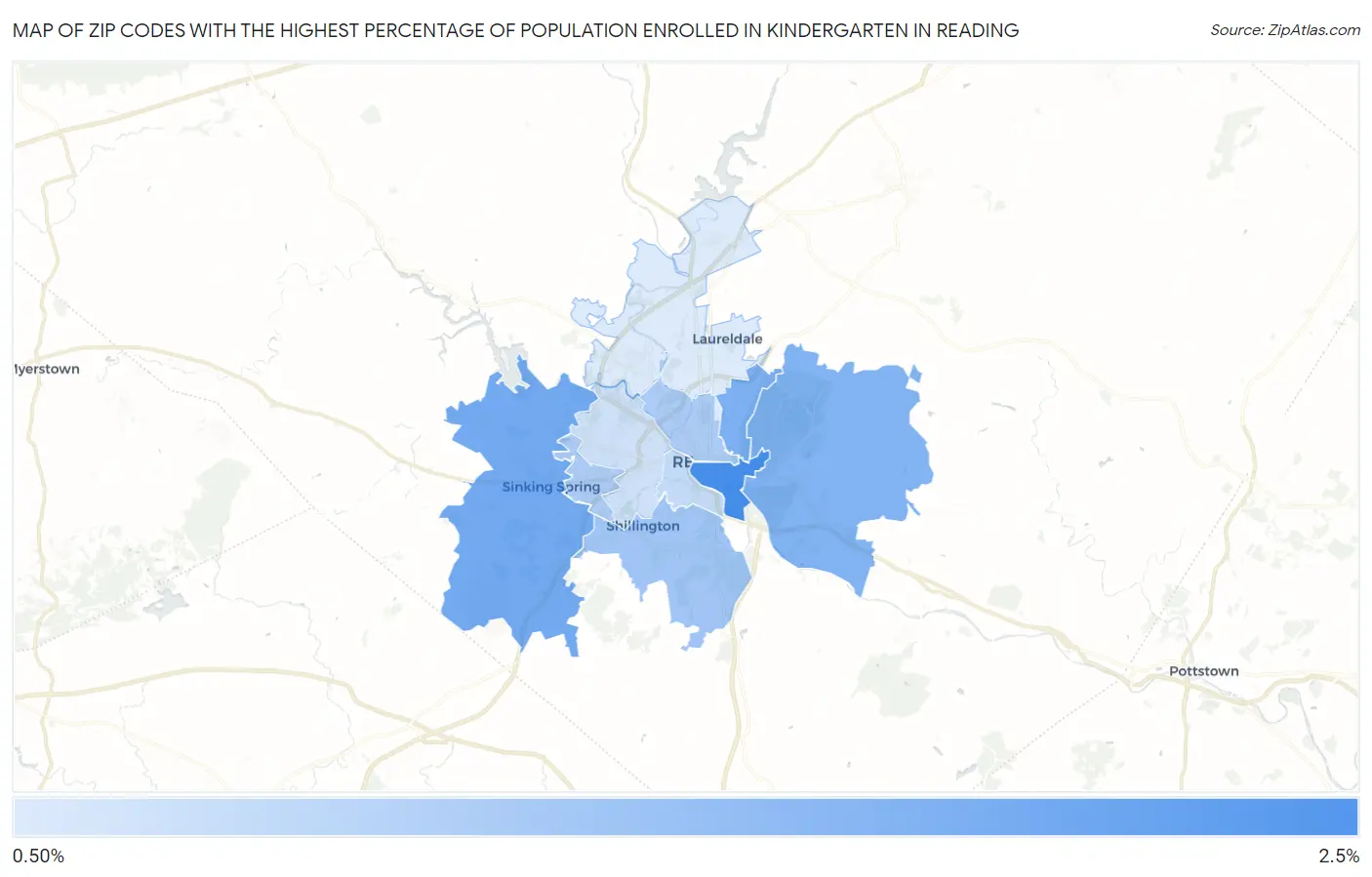 Zip Codes with the Highest Percentage of Population Enrolled in Kindergarten in Reading Map