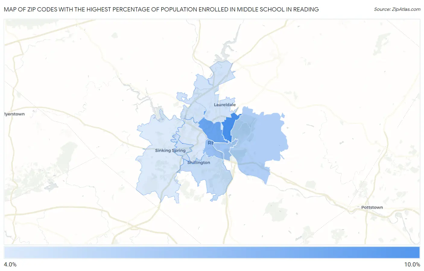 Zip Codes with the Highest Percentage of Population Enrolled in Middle School in Reading Map