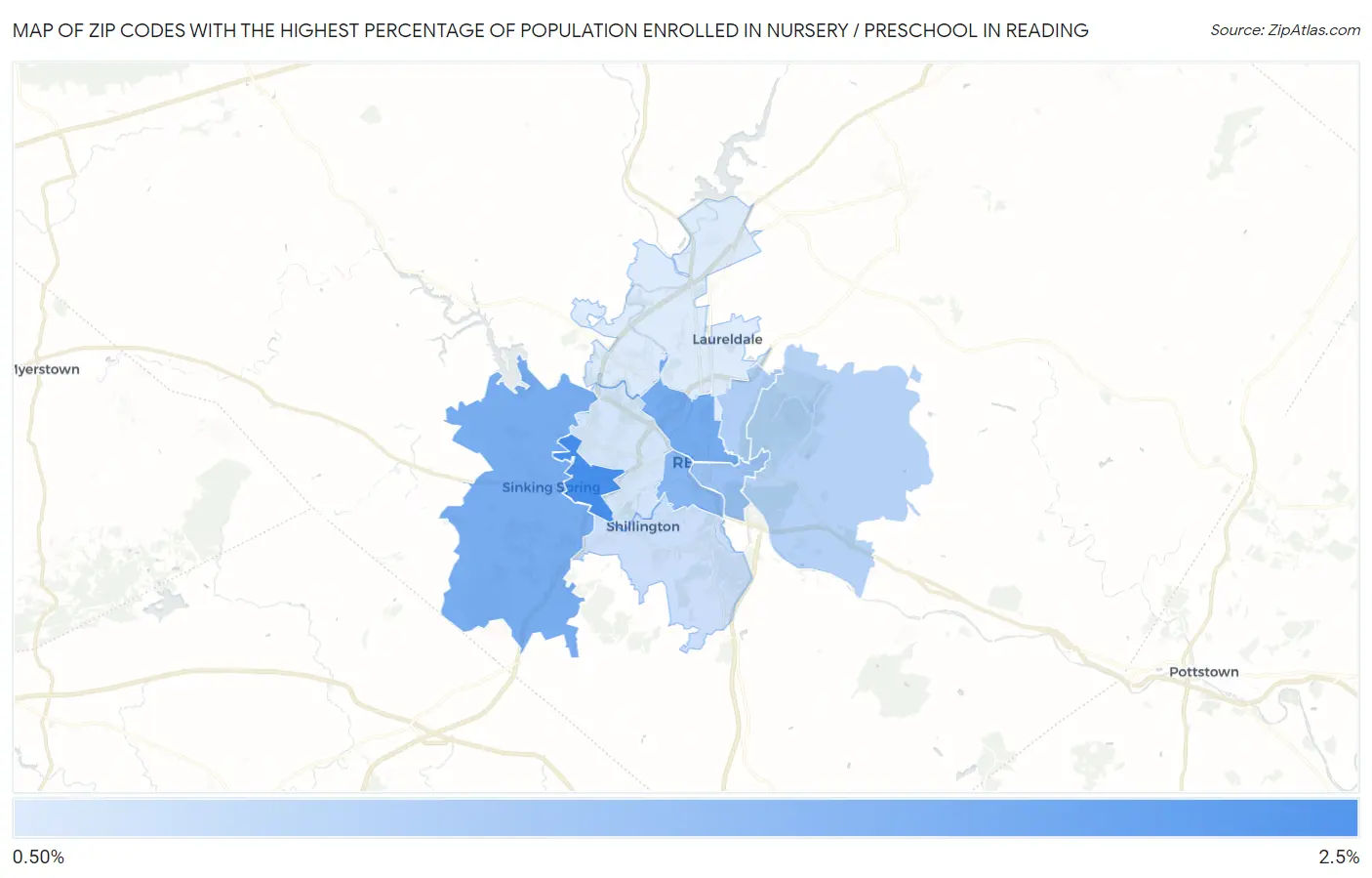 Zip Codes with the Highest Percentage of Population Enrolled in Nursery / Preschool in Reading Map