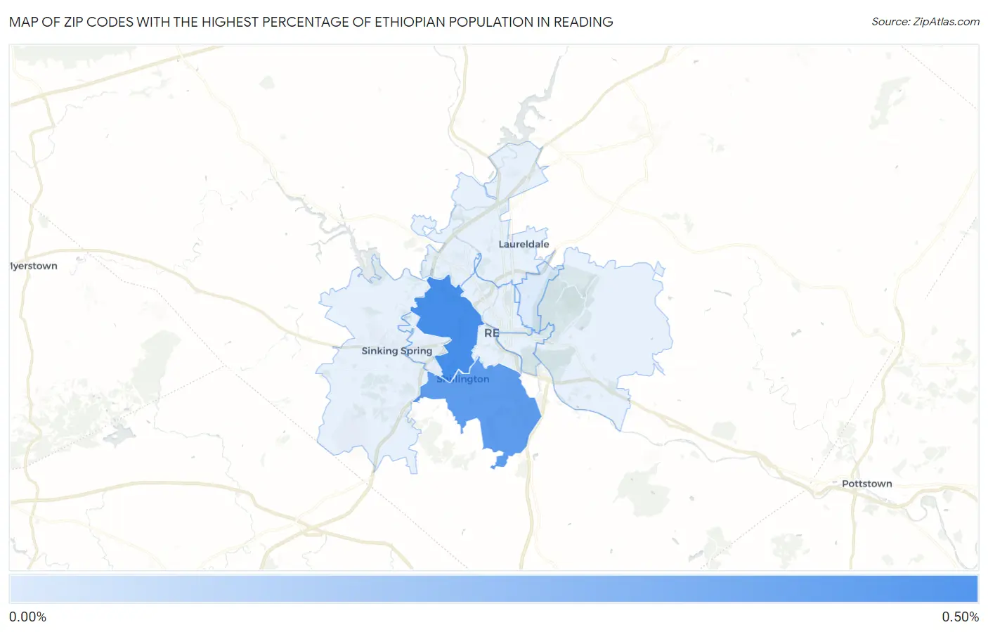 Zip Codes with the Highest Percentage of Ethiopian Population in Reading Map