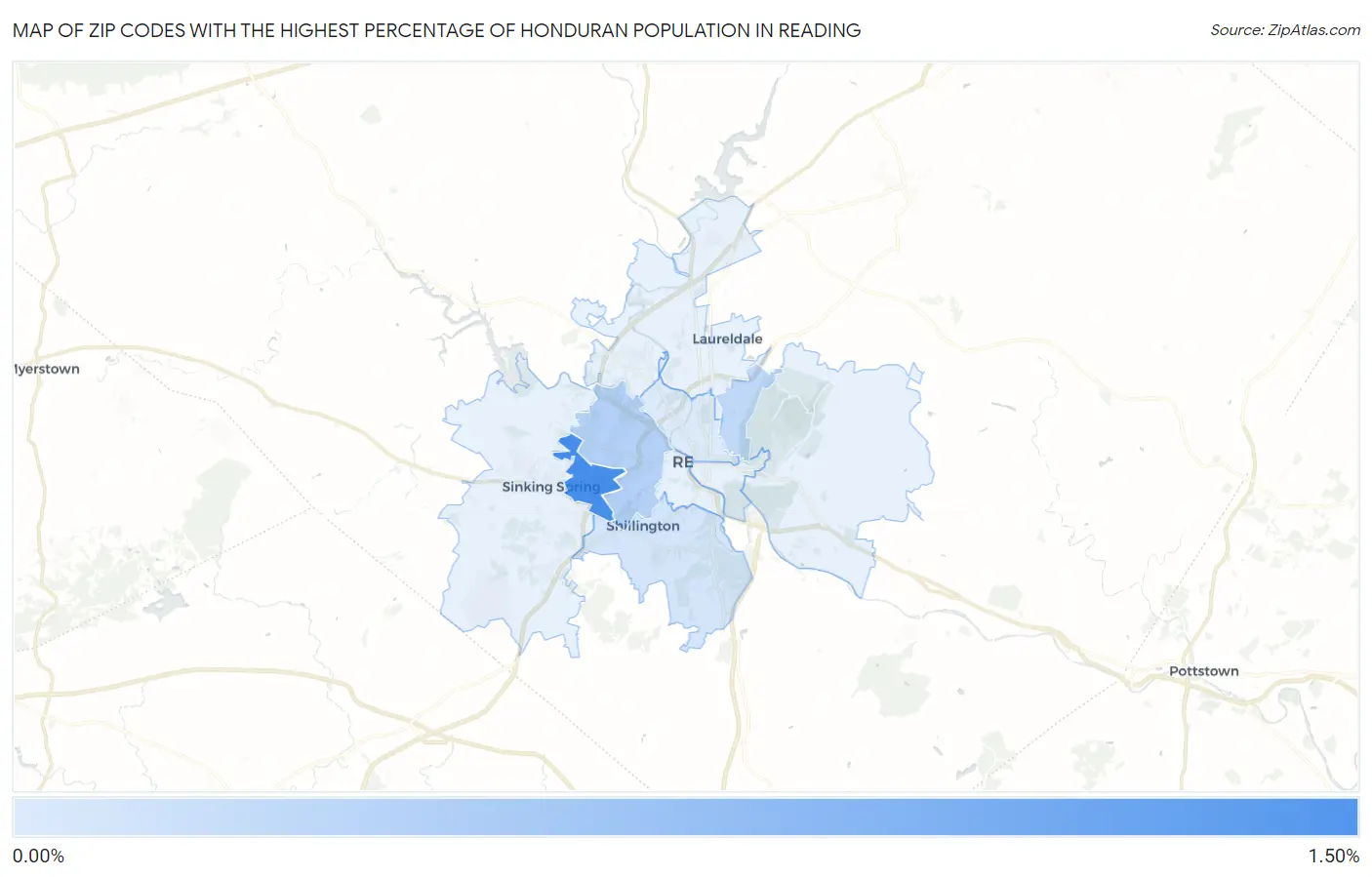 Zip Codes with the Highest Percentage of Honduran Population in Reading Map