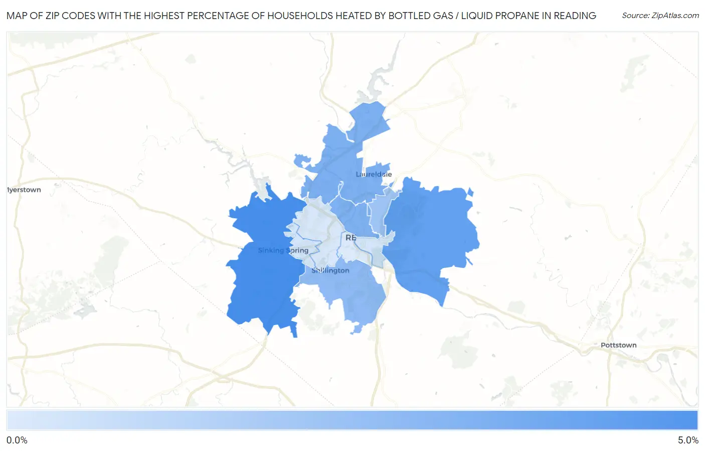 Zip Codes with the Highest Percentage of Households Heated by Bottled Gas / Liquid Propane in Reading Map