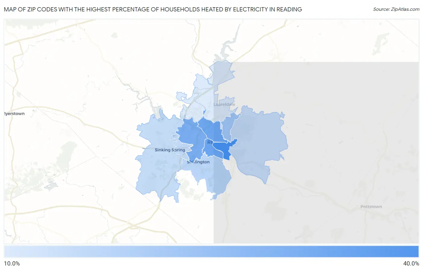 Zip Codes with the Highest Percentage of Households Heated by Electricity in Reading Map