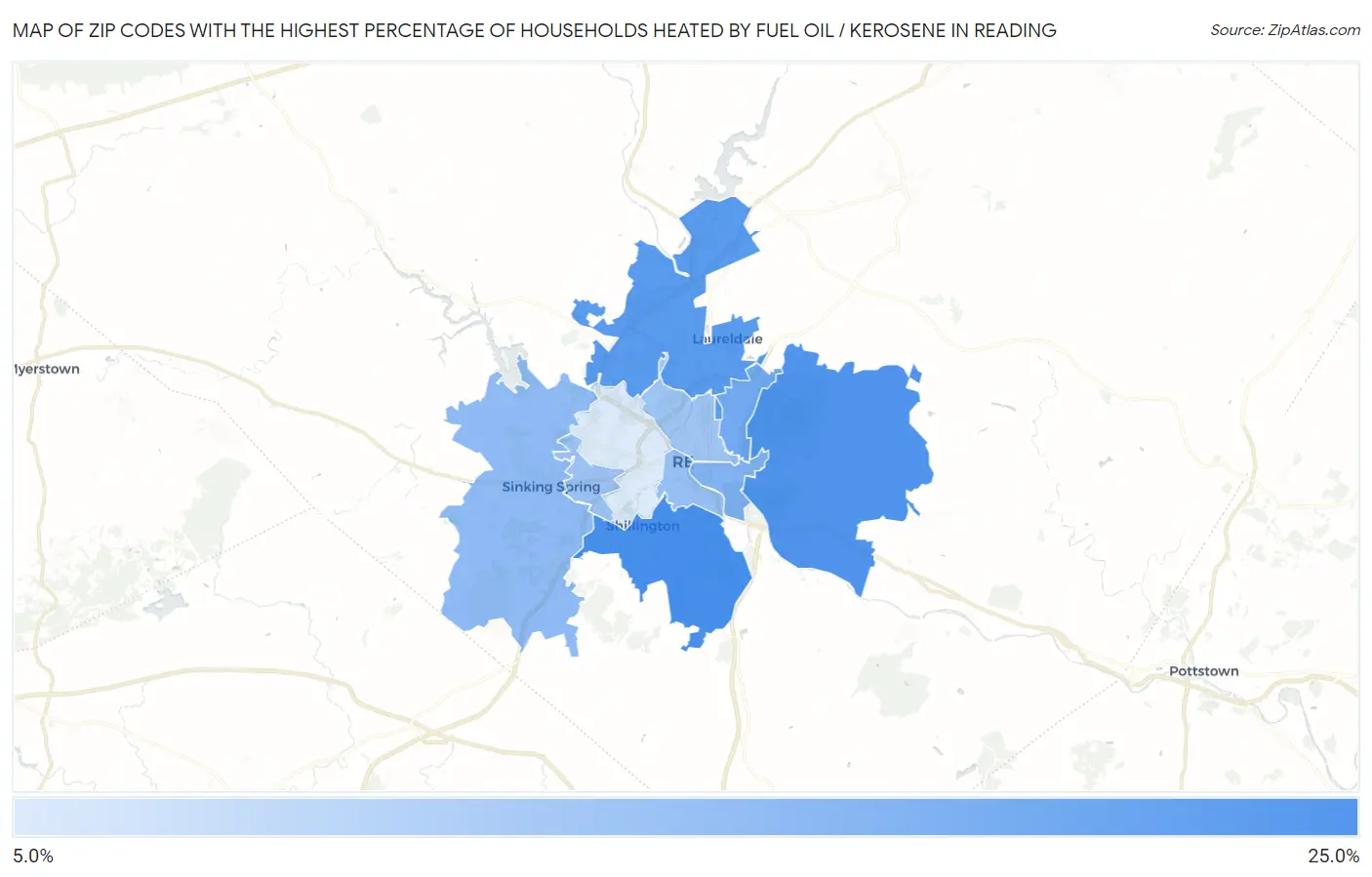 Zip Codes with the Highest Percentage of Households Heated by Fuel Oil / Kerosene in Reading Map
