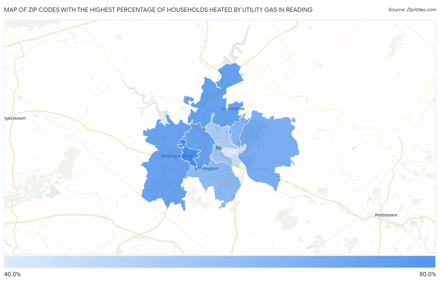 Zip Codes with the Highest Percentage of Households Heated by Utility Gas in Reading Map