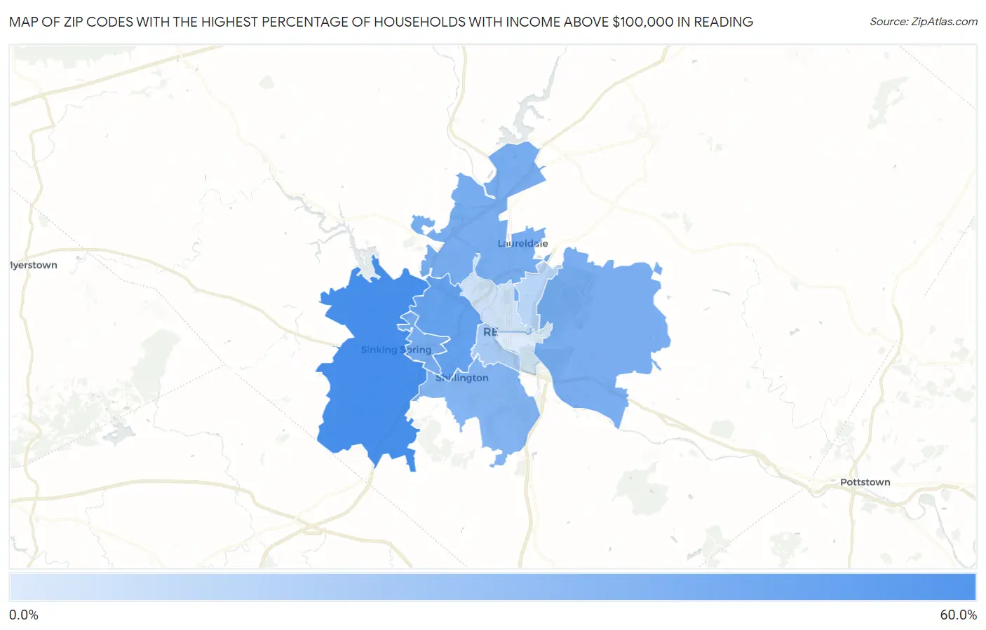 Zip Codes with the Highest Percentage of Households with Income Above $100,000 in Reading Map