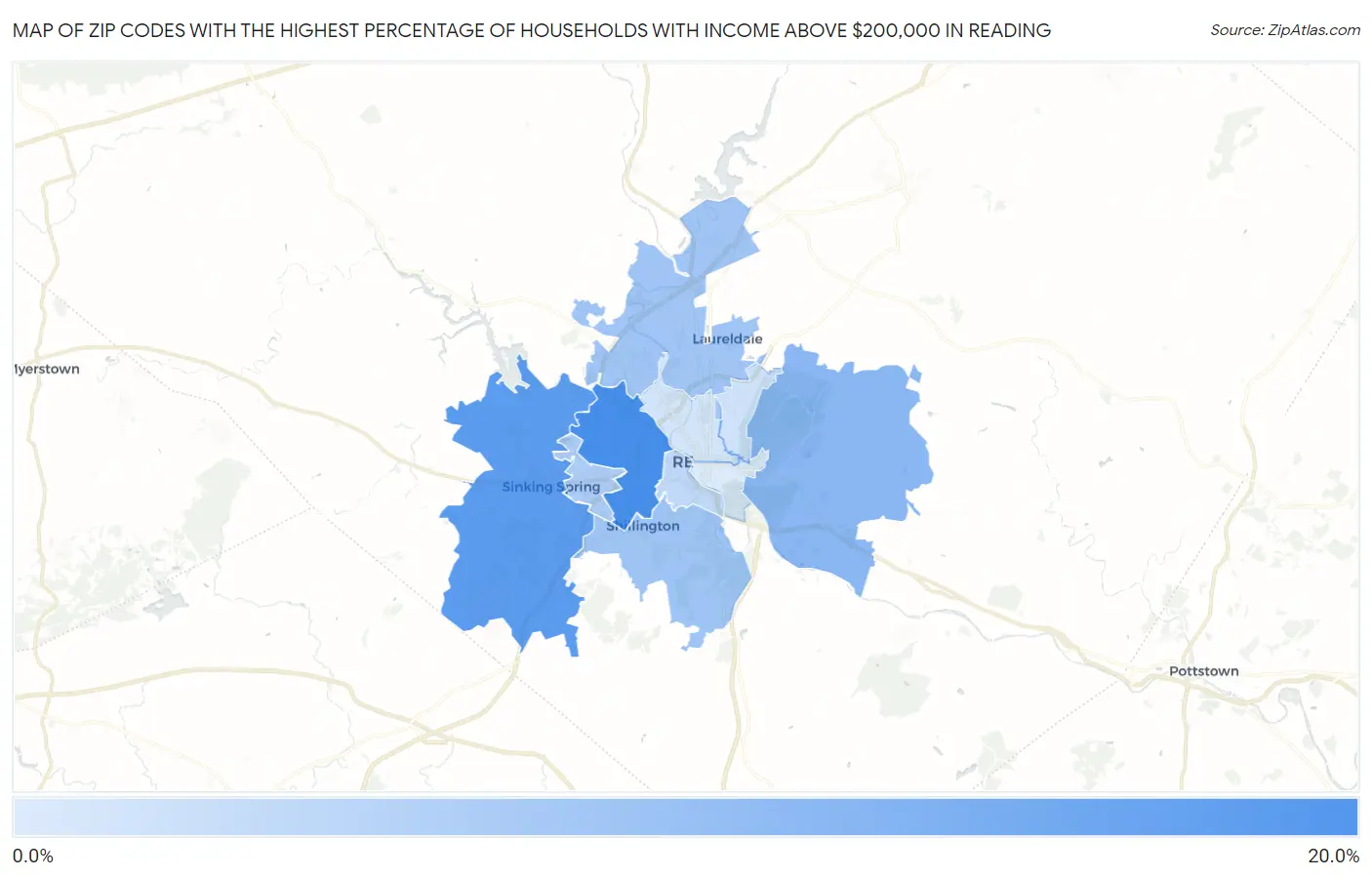 Zip Codes with the Highest Percentage of Households with Income Above $200,000 in Reading Map