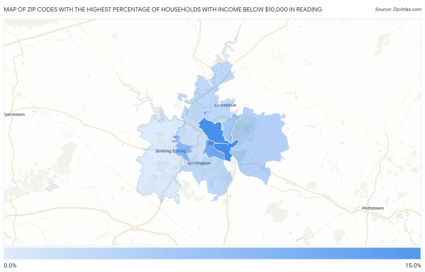 Zip Codes with the Highest Percentage of Households with Income Below $10,000 in Reading Map