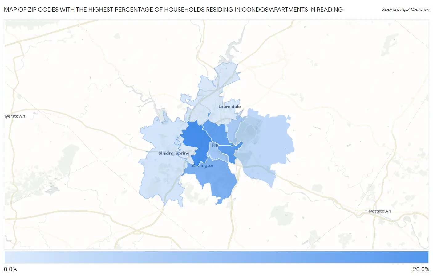 Zip Codes with the Highest Percentage of Households Residing in Condos/Apartments in Reading Map