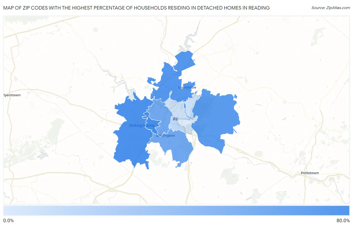 Zip Codes with the Highest Percentage of Households Residing in Detached Homes in Reading Map
