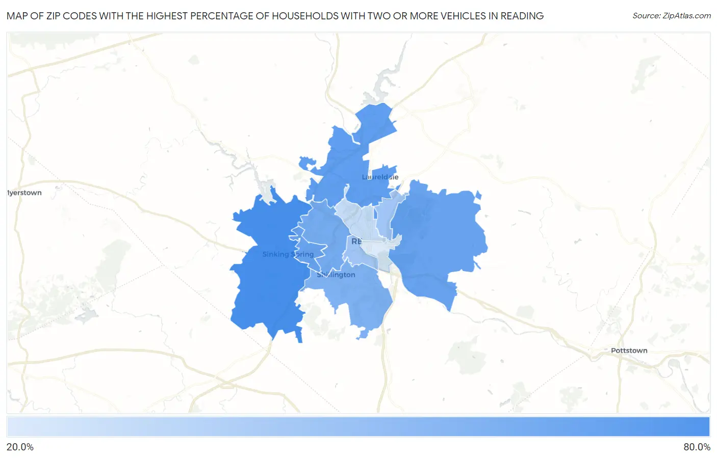 Zip Codes with the Highest Percentage of Households With Two or more Vehicles in Reading Map