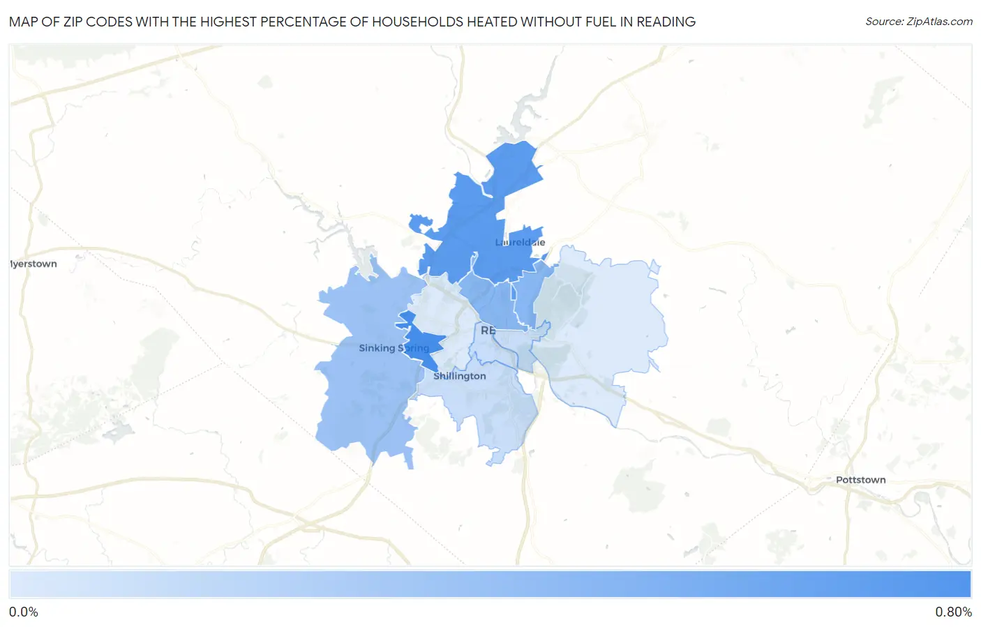 Zip Codes with the Highest Percentage of Households Heated without Fuel in Reading Map